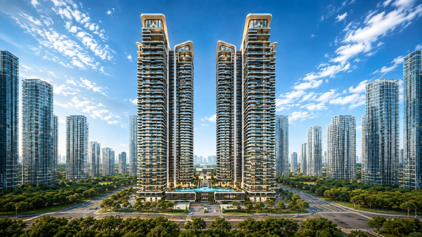 Lakeside luxury towers with reflecting water features at night