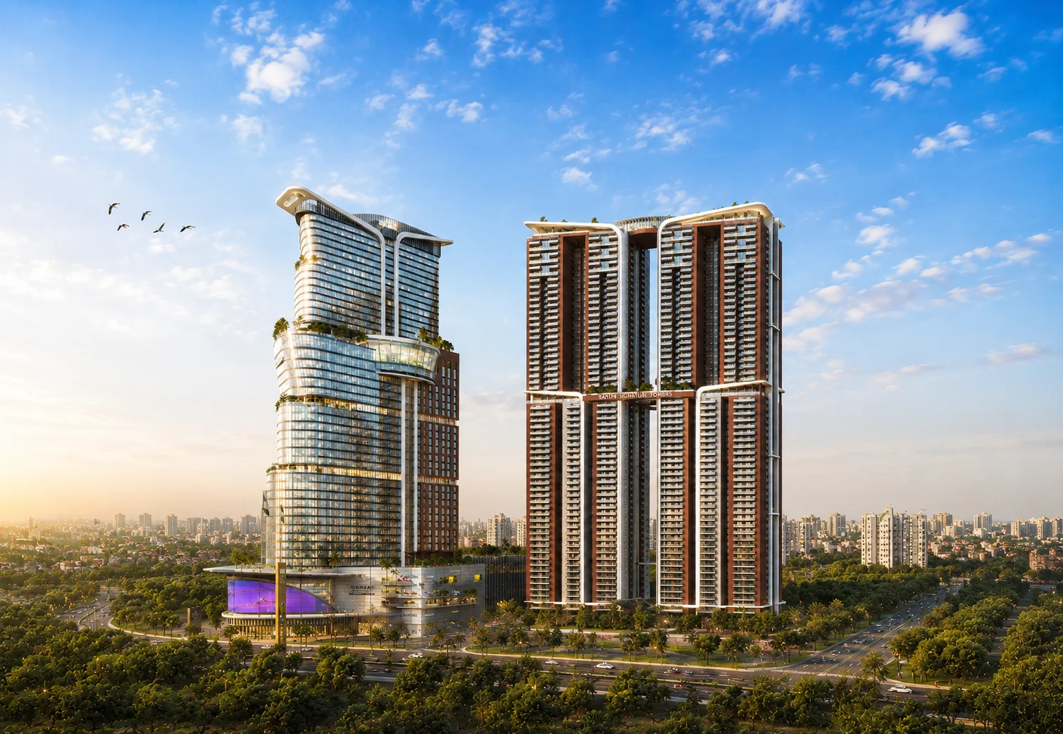 Aerial view of an integrated mixed-use luxury township beside a lake