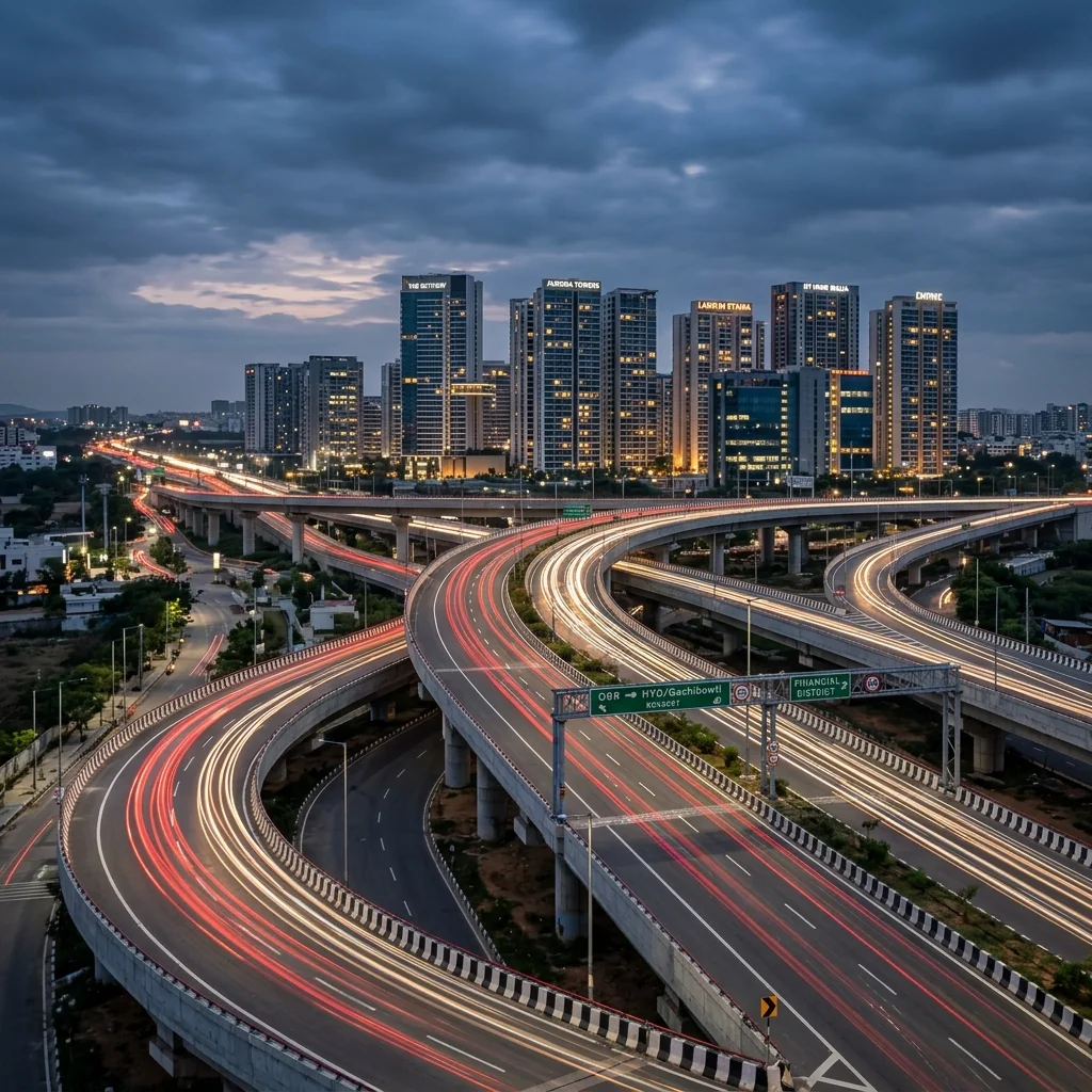 Long-exposure night traffic trails on Hyderabad Outer Ring Road